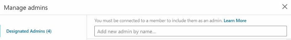 Manage admins window detail, LinkedIn
