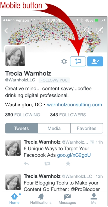 twitter direct message mobile button