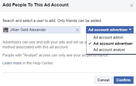 Add People to This Account Window with Facebook friend's name selected- Facebook Ads for a Business page