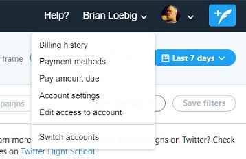 Twitter Ads account drop down menu